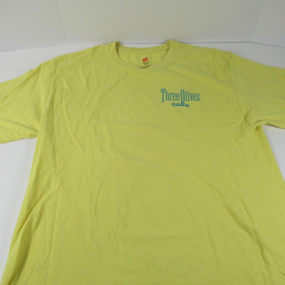 Three‎ Olives Vodka Cake T-shirt Yellow Teal Size Large Blemishes Read Desc